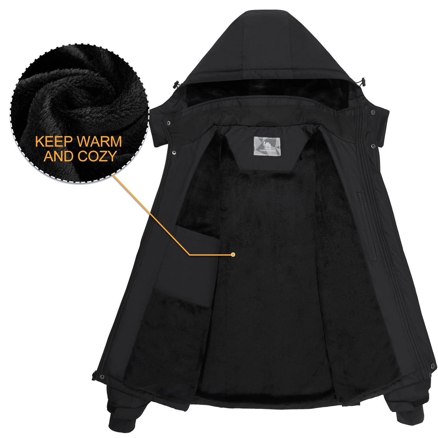 Hommes de Montagne Neige Imperméable Ski Veste Détachable Capuche Coupe-Vent Polaire Parka Veste De Pluie D'hiver Manteau Noir L