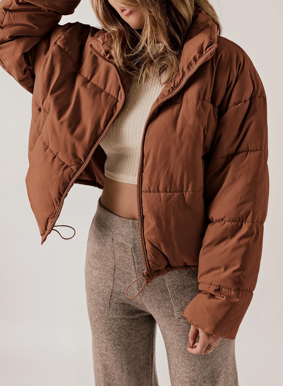 Womens hiver manteaux coupe-vent surdimensionné fermeture à glissière pleine avant cordon de serrage ourlet Bomber Puffer veste baggy court vers le bas manteaux pour les femmes chaud confortable doux vêtements avec poches moyen orange