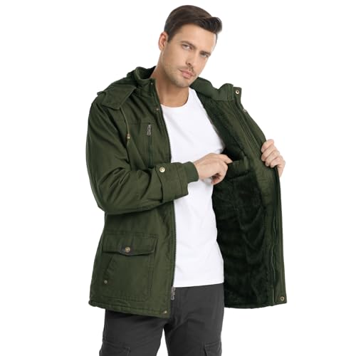Hommes Coton Militaire Vestes avec Capuche Amovible Casual Manteau D'hiver Coupe-Vent Travail Survêtement Vestes Armée Vert M