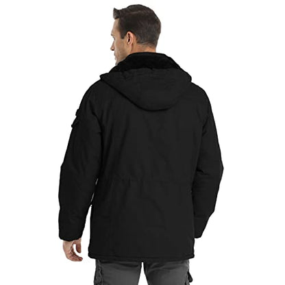 Veste d'hiver pour homme Veste militaire Doublée polaire Vestes cargo chaudes Capuche amovible Manteau de travail en coton, Black-2XL