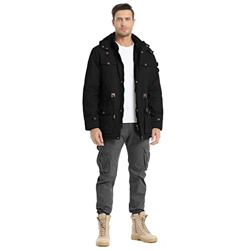 Veste d'hiver pour homme Veste militaire Doublée polaire Vestes cargo chaudes Capuche amovible Manteau de travail en coton, Black-2XL