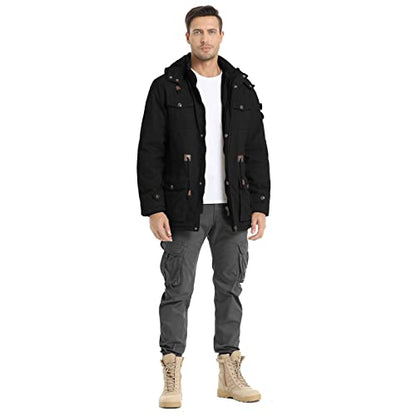 Veste d'hiver pour homme Veste militaire Doublée polaire Vestes cargo chaudes Capuche amovible Manteau de travail en coton, Black-2XL