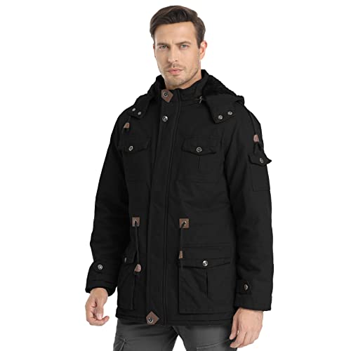 Veste d'hiver pour homme Veste militaire Doublée polaire Vestes cargo chaudes Capuche amovible Manteau de travail en coton, Black-2XL