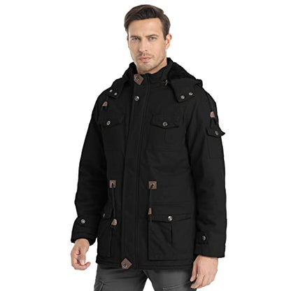 Veste d'hiver pour homme Veste militaire Doublée polaire Vestes cargo chaudes Capuche amovible Manteau de travail en coton, Black-2XL