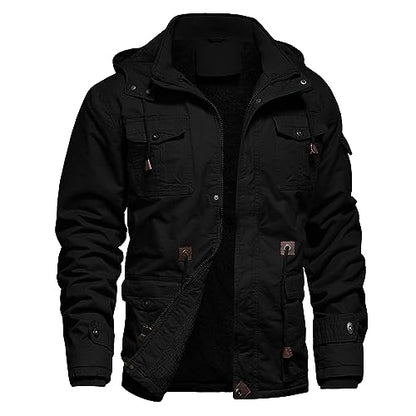 Veste d'hiver pour homme Veste militaire Doublée polaire Vestes cargo chaudes Capuche amovible Manteau de travail en coton, Black-2XL