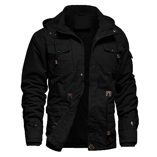 Veste d'hiver pour homme Veste militaire Doublée polaire Vestes cargo chaudes Capuche amovible Manteau de travail en coton, Black-2XL