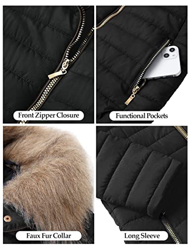 Femmes Casual Fausse Fourrure Revers Zip Poches Matelassé Parka Veste Puffer Manteau Coatigan Vestes pour Femme Noir Large (Convient US 12-US 14)