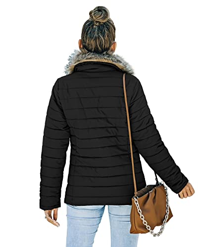 Femmes Casual Fausse Fourrure Revers Zip Poches Matelassé Parka Veste Puffer Manteau Coatigan Vestes pour Femme Noir Large (Convient US 12-US 14)