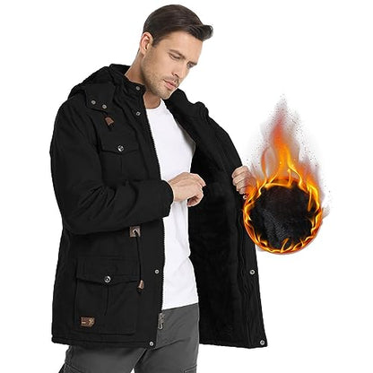 Veste d'hiver pour homme Veste militaire Doublée polaire Vestes cargo chaudes Capuche amovible Manteau de travail en coton, Black-2XL