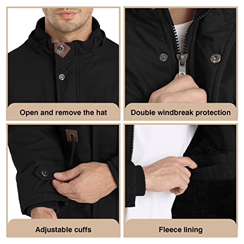 Veste d'hiver pour homme Veste militaire Doublée polaire Vestes cargo chaudes Capuche amovible Manteau de travail en coton, Black-2XL