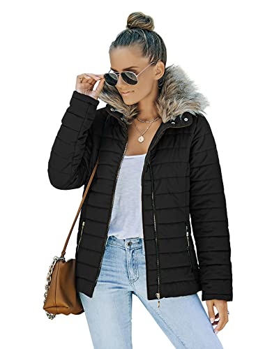 Femmes Casual Fausse Fourrure Revers Zip Poches Matelassé Parka Veste Puffer Manteau Coatigan Vestes pour Femme Noir Large (Convient US 12-US 14)