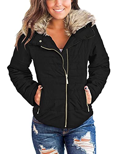Femmes Casual Fausse Fourrure Revers Zip Poches Matelassé Parka Veste Puffer Manteau Coatigan Vestes pour Femme Noir Large (Convient US 12-US 14)