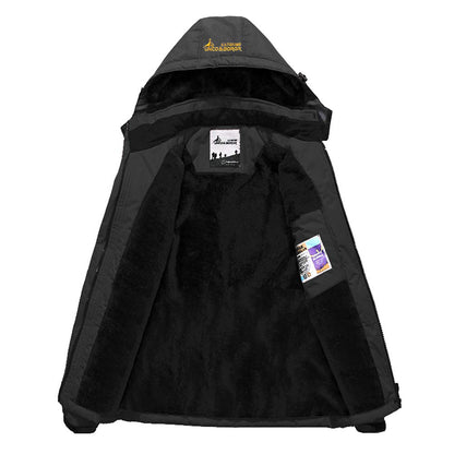 Homme Hiver Ski Pluie Chaud Polaire Imperméable En Plein Air Montagne Randonnée Coupe-Vent À Capuche Manteau De Neige, Noir, X-Large