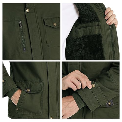 Hommes Coton Militaire Vestes avec Capuche Amovible Casual Manteau D'hiver Coupe-Vent Travail Survêtement Vestes Armée Vert M
