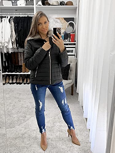 Femmes Casual Fausse Fourrure Revers Zip Poches Matelassé Parka Veste Puffer Manteau Coatigan Vestes pour Femme Noir Large (Convient US 12-US 14)
