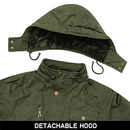 Hommes Coton Militaire Vestes avec Capuche Amovible Casual Manteau D'hiver Coupe-Vent Travail Survêtement Vestes Armée Vert M