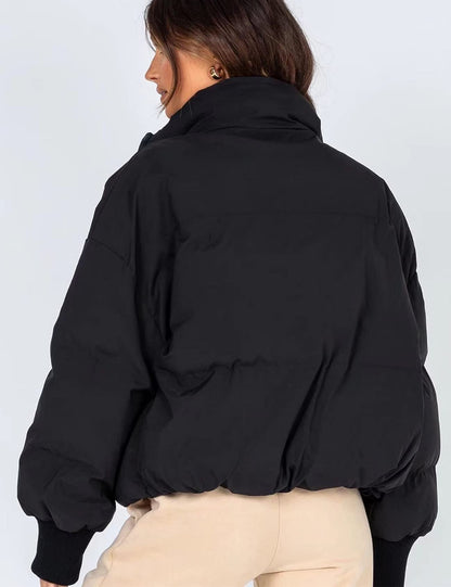 Femmes hiver chaud manches longues Zip devant court bouffant veste bouffante avec poches (noir-L)