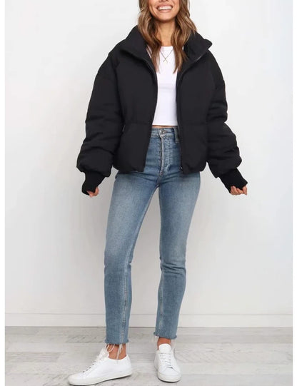 Femmes hiver chaud manches longues Zip devant court bouffant veste bouffante avec poches (noir-L)