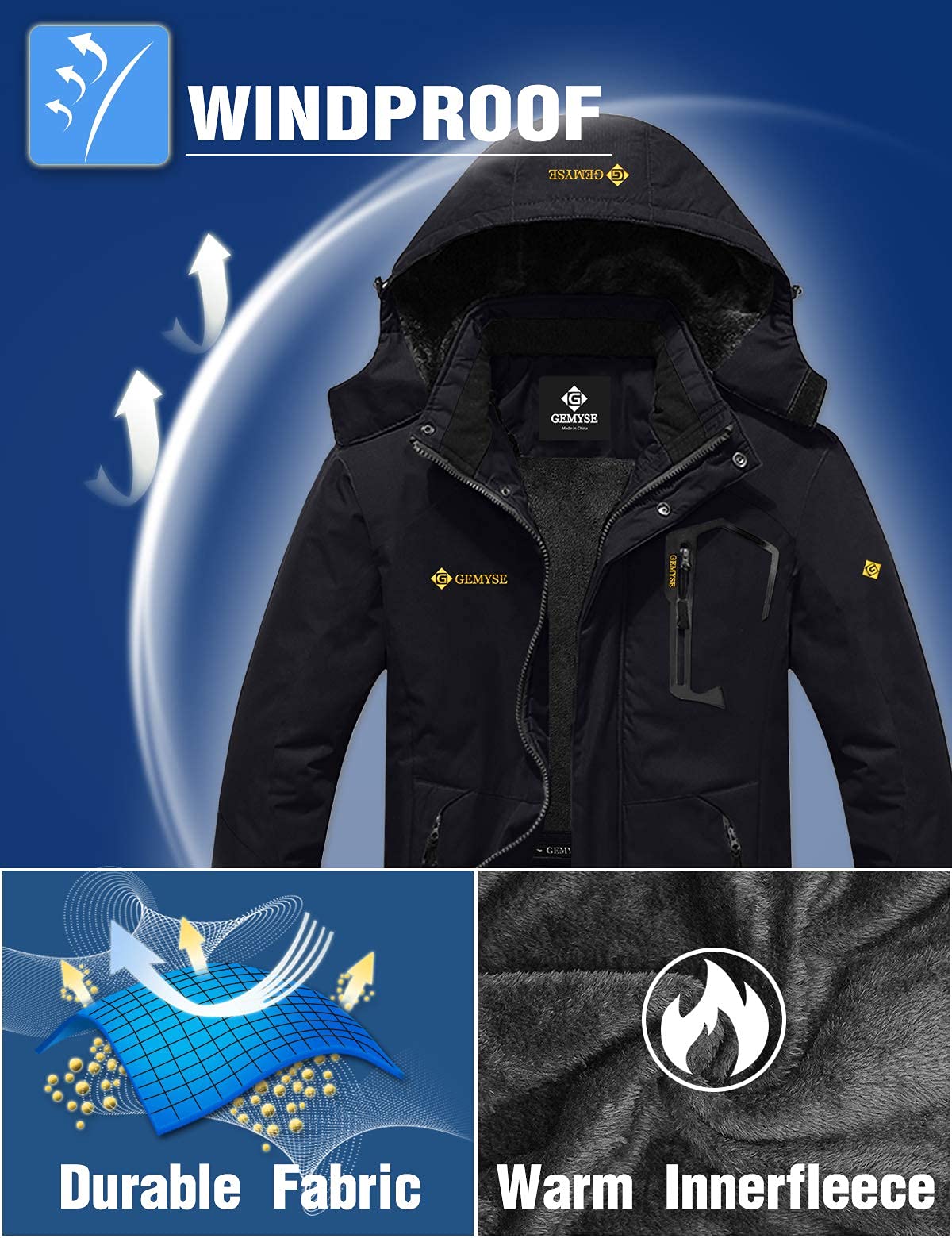 Veste d'hiver coupe-vent imperméable de pluie de ski de montagne des hommes (noir, moyen)