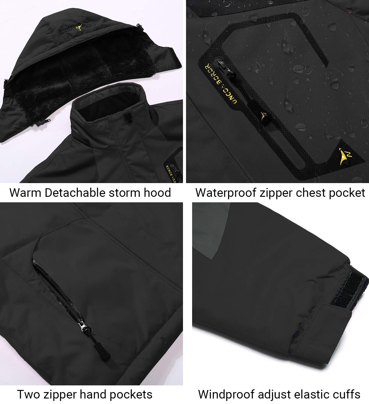 Homme Hiver Ski Pluie Chaud Polaire Imperméable En Plein Air Montagne Randonnée Coupe-Vent À Capuche Manteau De Neige, Noir, X-Large