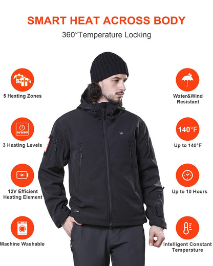 Veste chauffante pour homme avec batterie 12V, manteau chauffant électrique à coquille souple pour hiver, noir, L