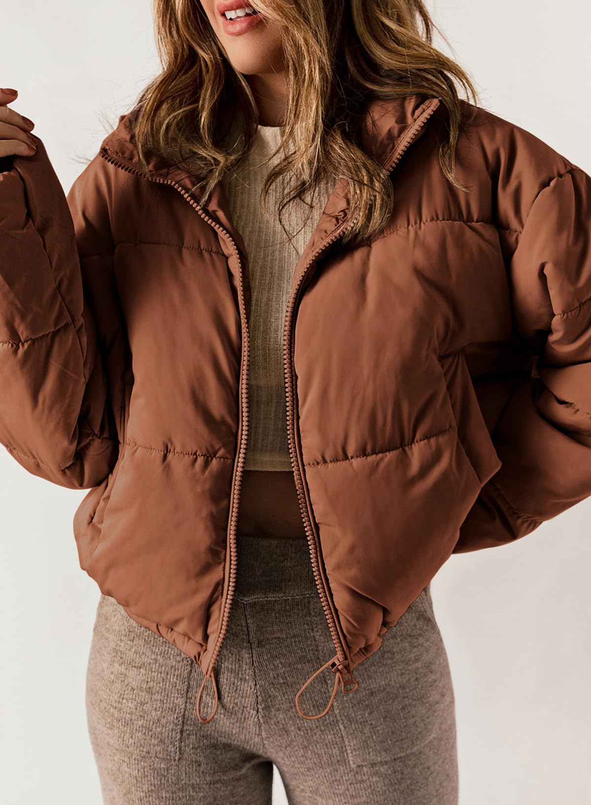 Womens hiver manteaux coupe-vent surdimensionné fermeture à glissière pleine avant cordon de serrage ourlet Bomber Puffer veste baggy court vers le bas manteaux pour les femmes chaud confortable doux vêtements avec poches moyen orange