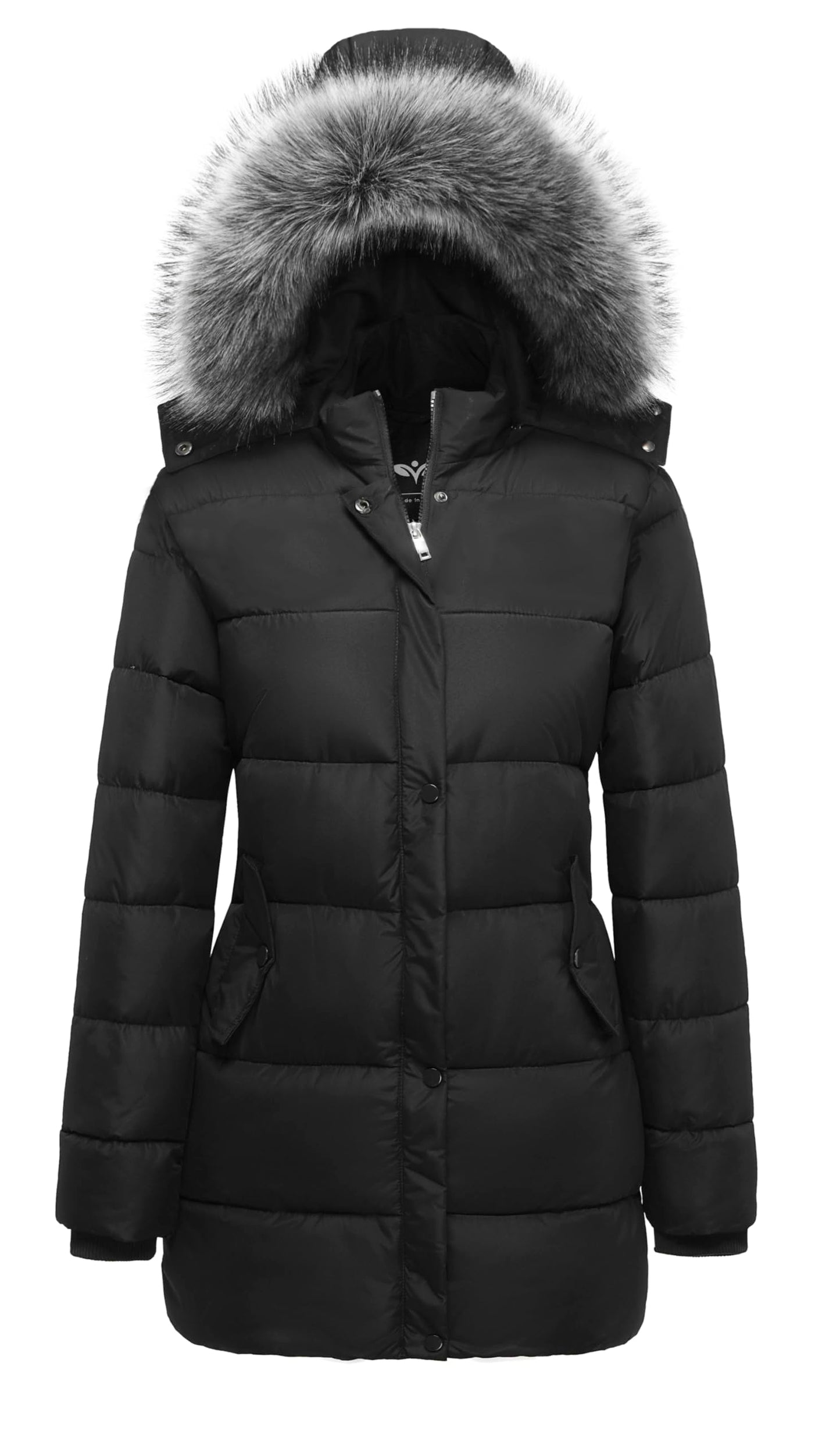 Femmes Hiver Épaissir Puffer Manteau Chaud Neige Veste avec Fourrure Amovible Capuche Noir Moyen