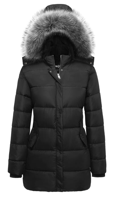 Femmes Hiver Épaissir Puffer Manteau Chaud Neige Veste avec Fourrure Amovible Capuche Noir Moyen