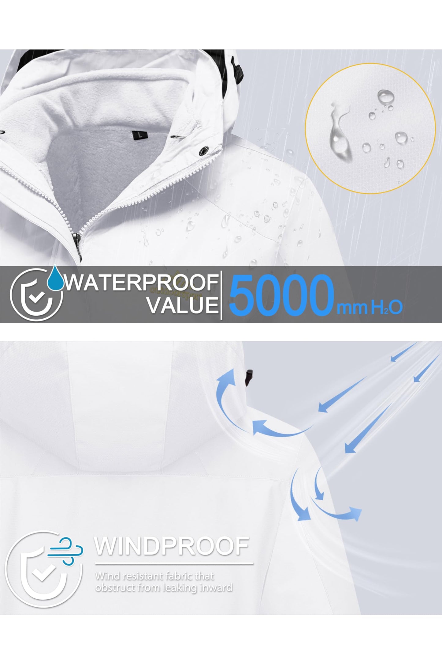 Vestes imperméables pour Femmes Hiver Ski Veste Polaire Montagne Veste En Plein Air Neige Randonnée Vestes Pur Blanc M