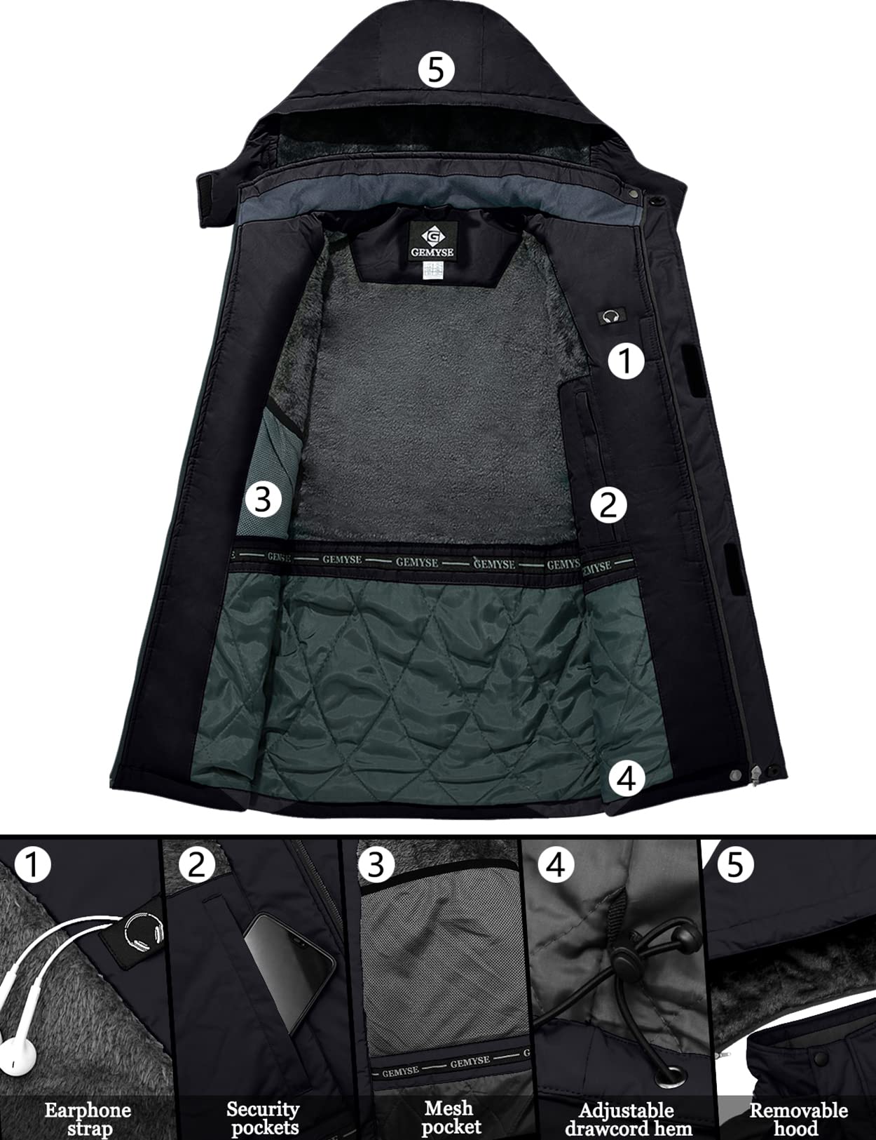 Veste de pluie coupe-vent d'hiver pour homme (noir gris, moyen)