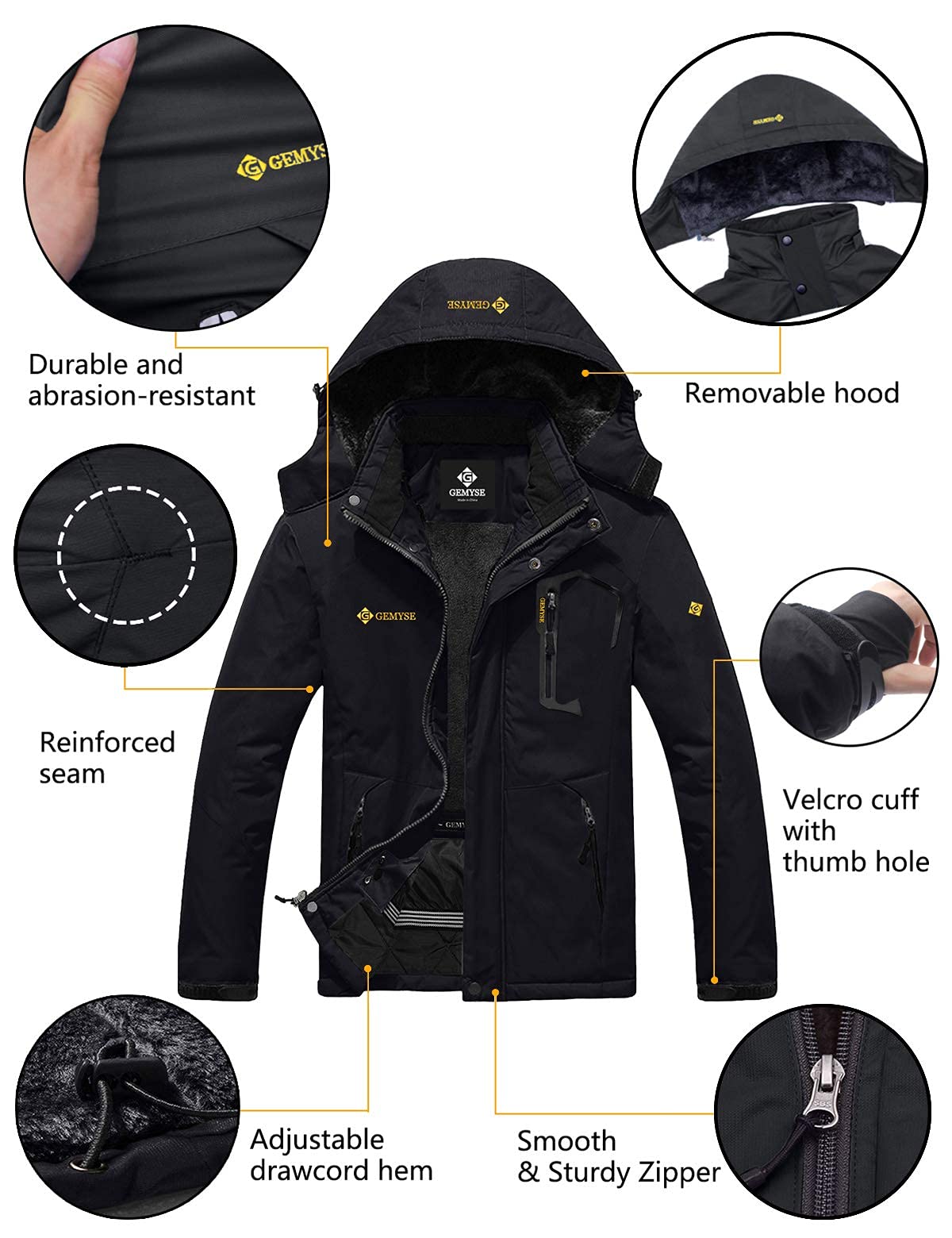 Veste d'hiver coupe-vent imperméable de pluie de ski de montagne des hommes (noir, moyen)