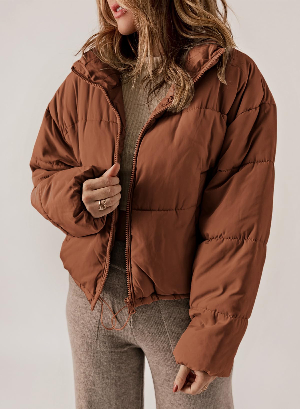 Womens hiver manteaux coupe-vent surdimensionné fermeture à glissière pleine avant cordon de serrage ourlet Bomber Puffer veste baggy court vers le bas manteaux pour les femmes chaud confortable doux vêtements avec poches moyen orange