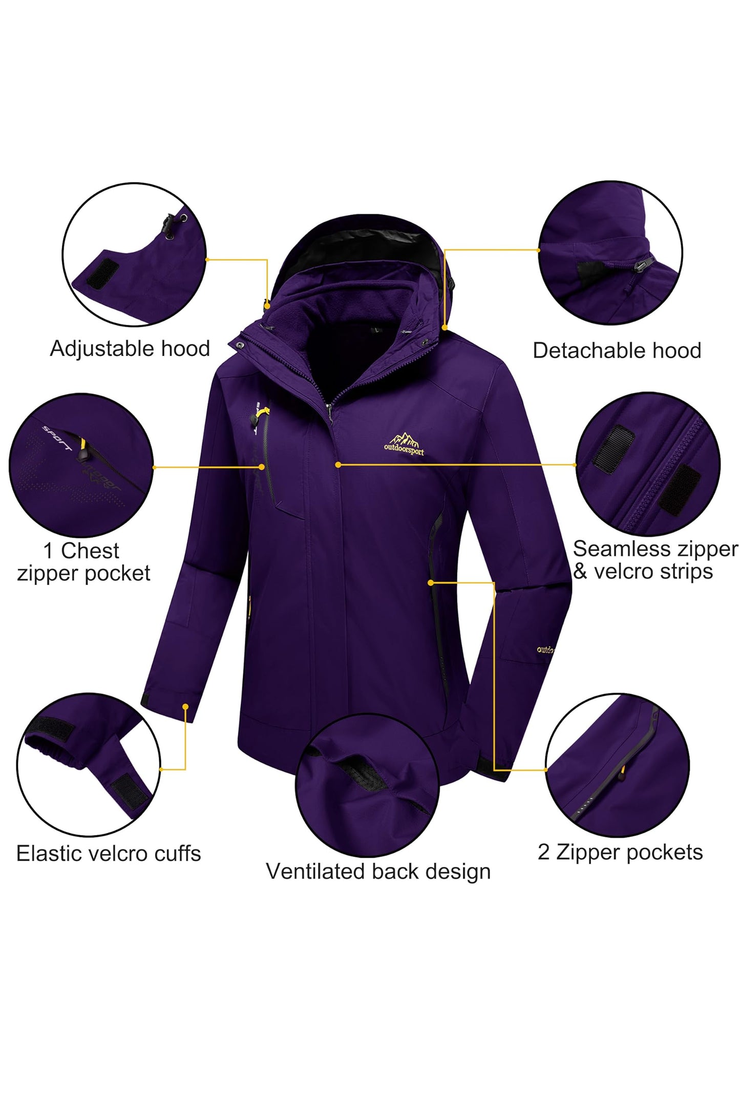 3 en 1 veste pour les femmes veste de Ski imperméable isolé manteaux d'hiver avec capuche polaire doublée veste dames veste de neige veste pourpre