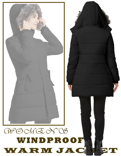 Femmes Hiver Épaissir Puffer Manteau Chaud Neige Veste avec Fourrure Amovible Capuche Noir Moyen