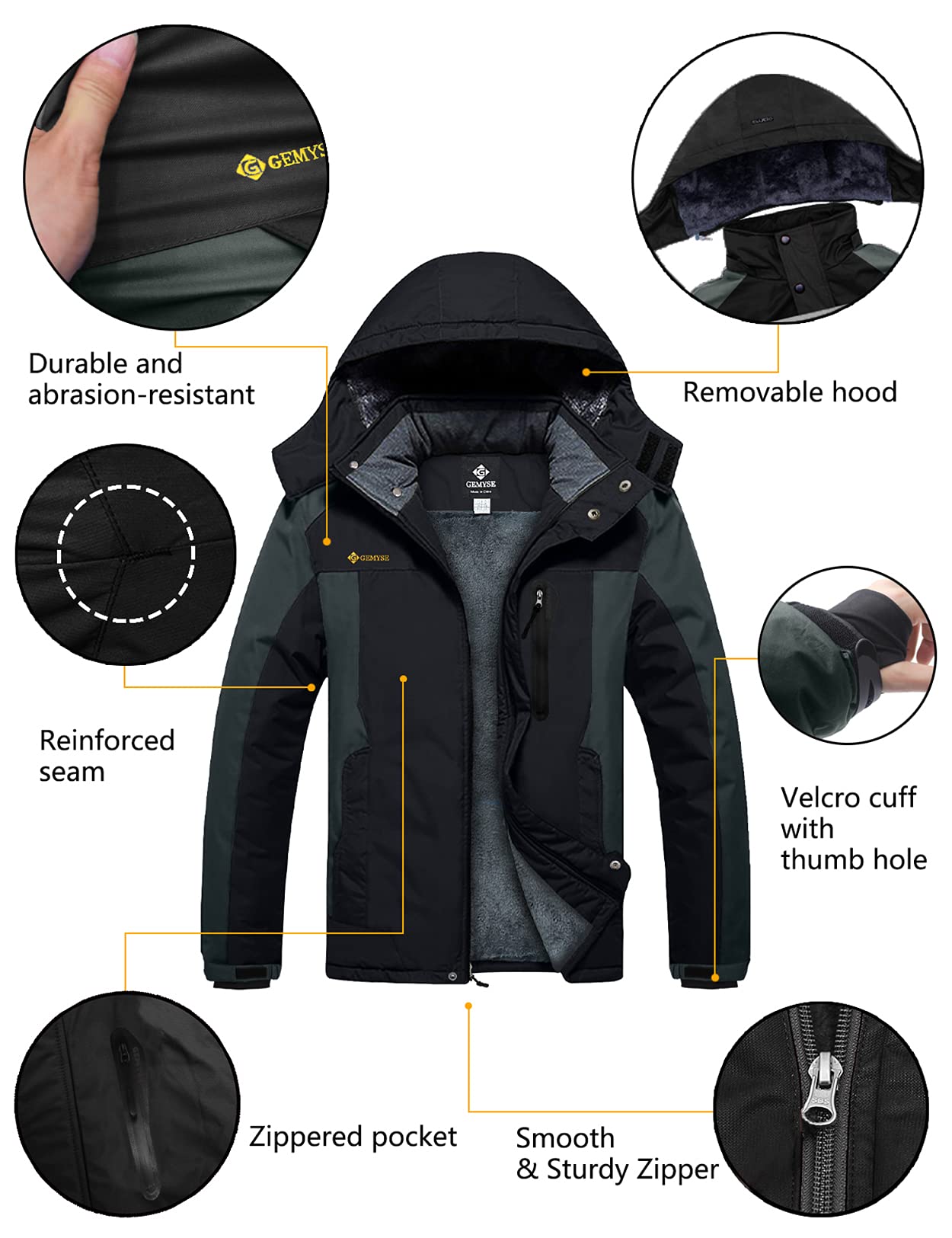 Veste de pluie coupe-vent d'hiver pour homme (noir gris, moyen)