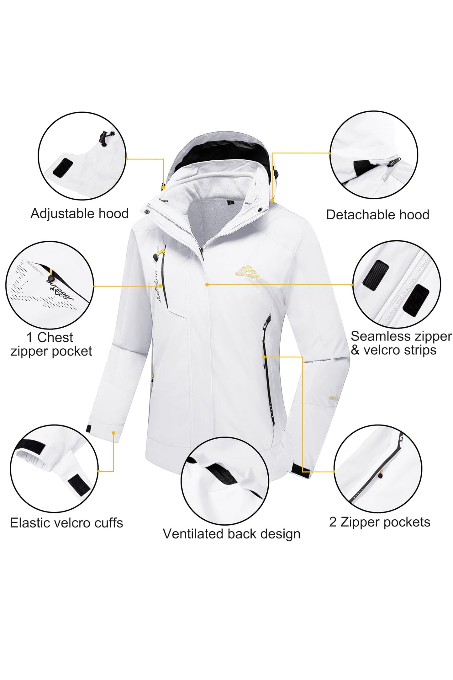 Vestes imperméables pour Femmes Hiver Ski Veste Polaire Montagne Veste En Plein Air Neige Randonnée Vestes Pur Blanc M