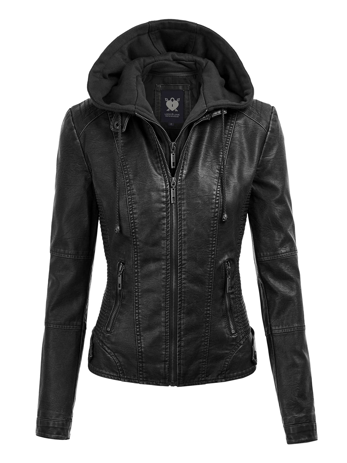 Veste de moto matelassée en cuir pour femme avec capuche L NOIR