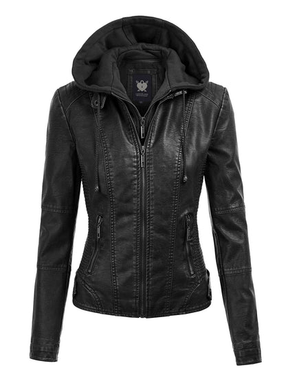 Veste de moto matelassée en cuir pour femme avec capuche L NOIR