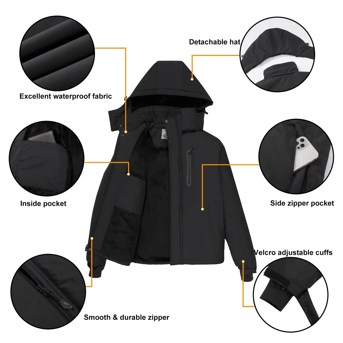 Hommes de Montagne Neige Imperméable Ski Veste Détachable Capuche Coupe-Vent Polaire Parka Veste De Pluie D'hiver Manteau Noir L