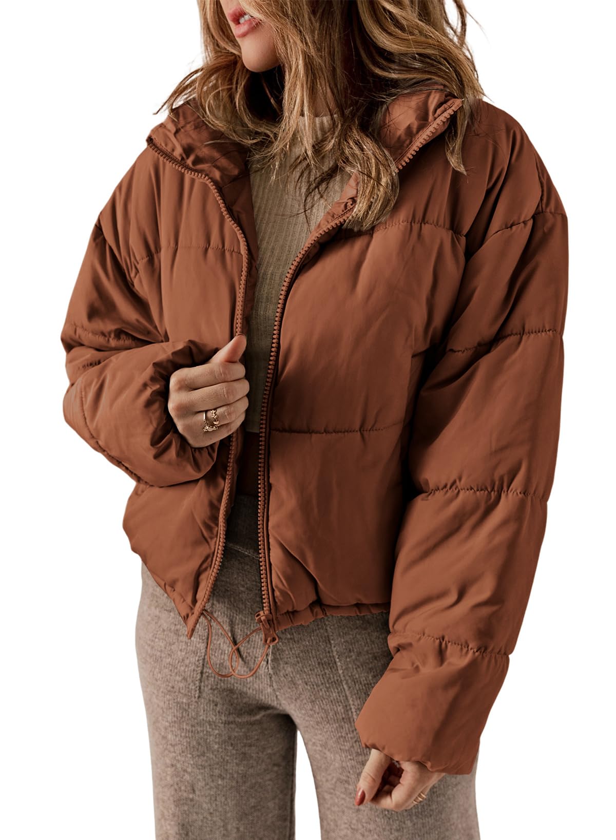 Womens hiver manteaux coupe-vent surdimensionné fermeture à glissière pleine avant cordon de serrage ourlet Bomber Puffer veste baggy court vers le bas manteaux pour les femmes chaud confortable doux vêtements avec poches moyen orange