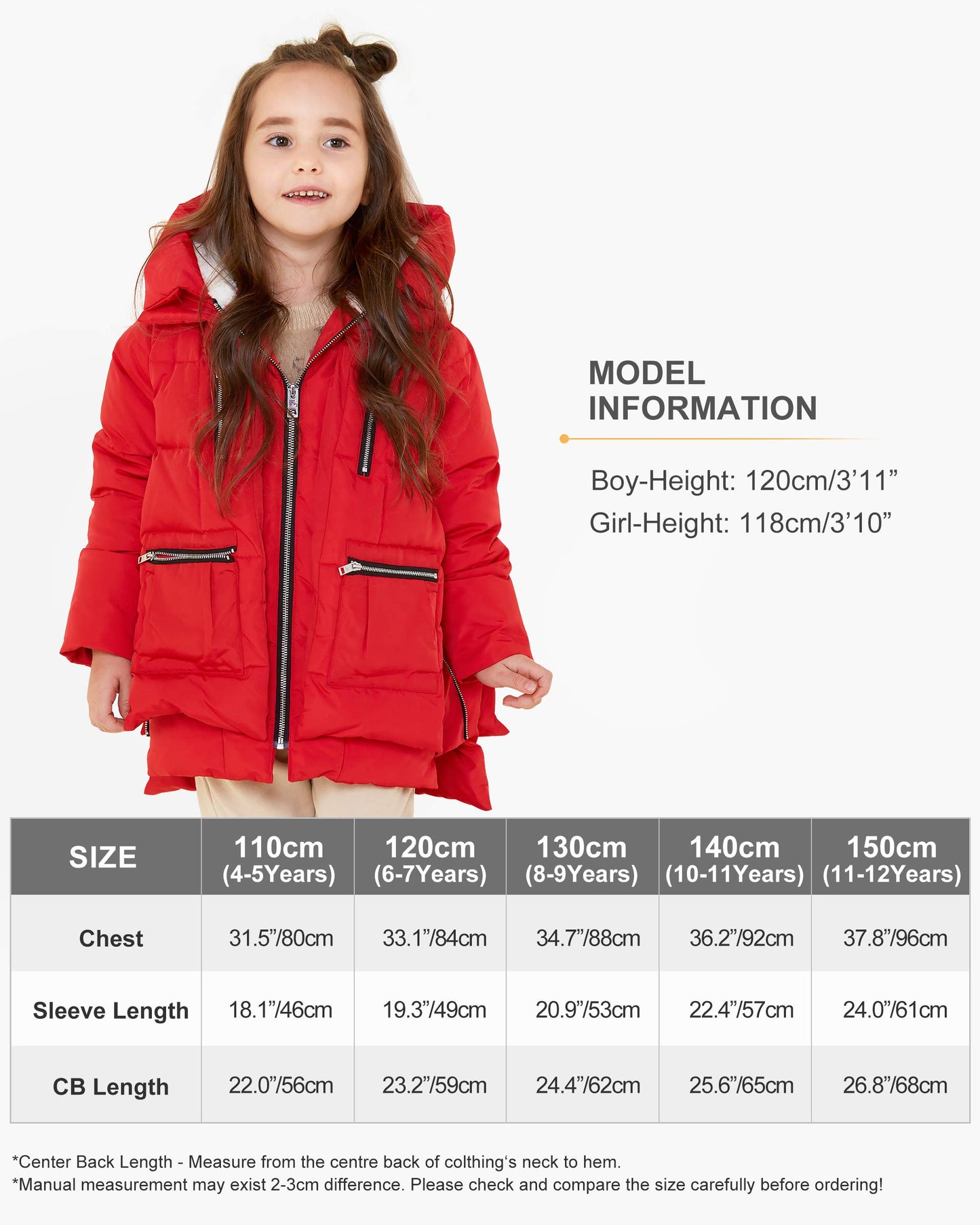 Orolay Enfants À Capuche Vers Le Bas Manteau Filles Matelassé Puffer Veste Garçons Vestes D'hiver Rouge 140CM, Petit enfant