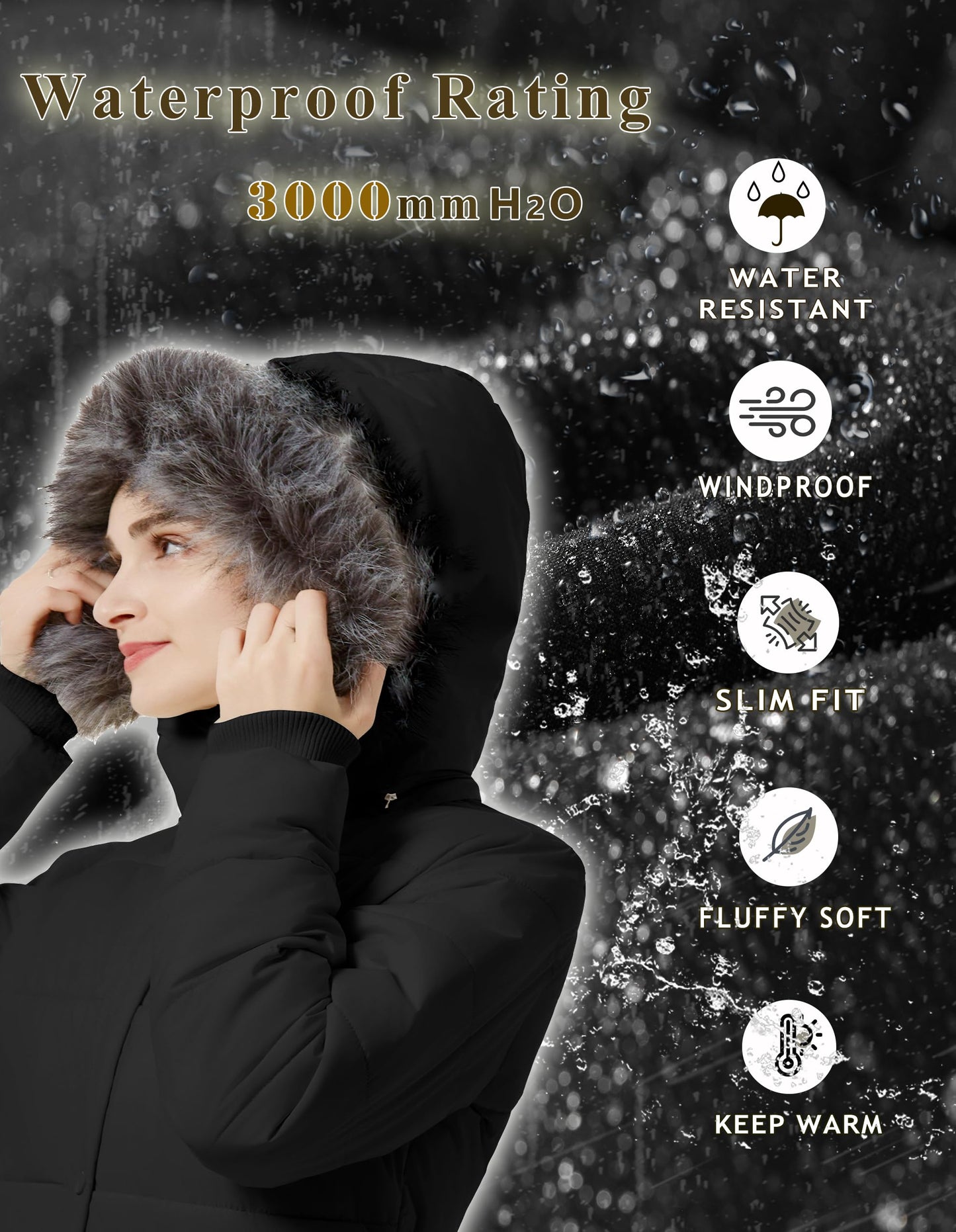 Femmes Hiver Épaissir Puffer Manteau Chaud Neige Veste avec Fourrure Amovible Capuche Noir Moyen