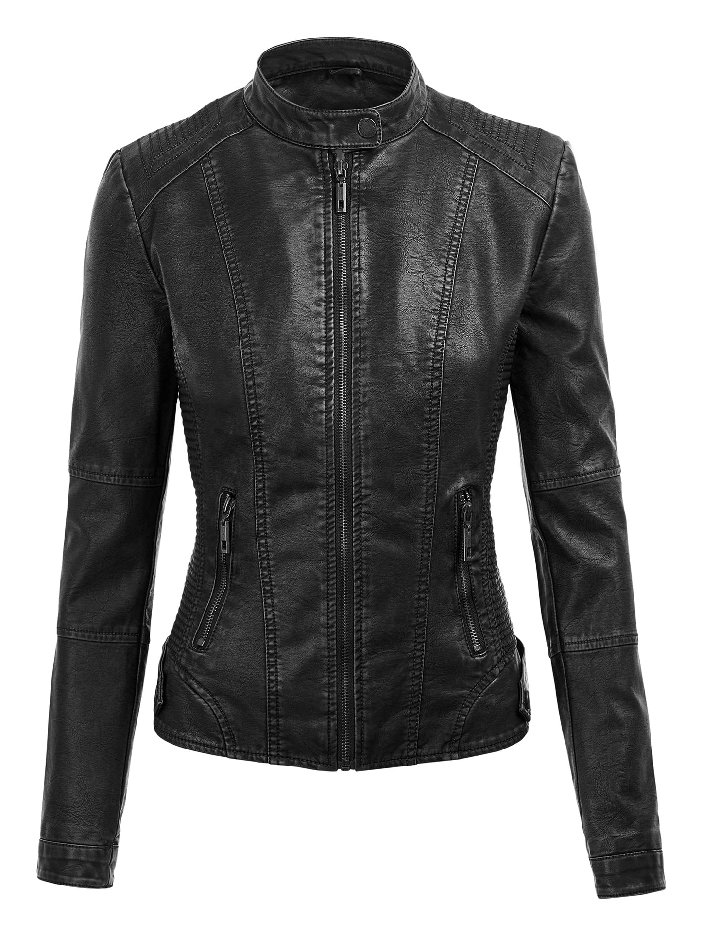 Veste de moto matelassée en cuir pour femme avec capuche L NOIR