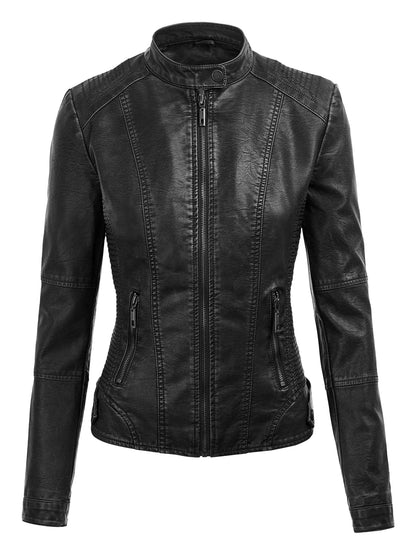 Veste de moto matelassée en cuir pour femme avec capuche L NOIR