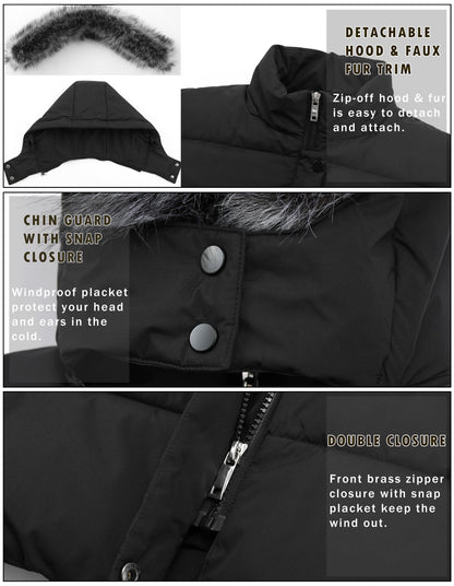 Femmes Hiver Épaissir Puffer Manteau Chaud Neige Veste avec Fourrure Amovible Capuche Noir Moyen