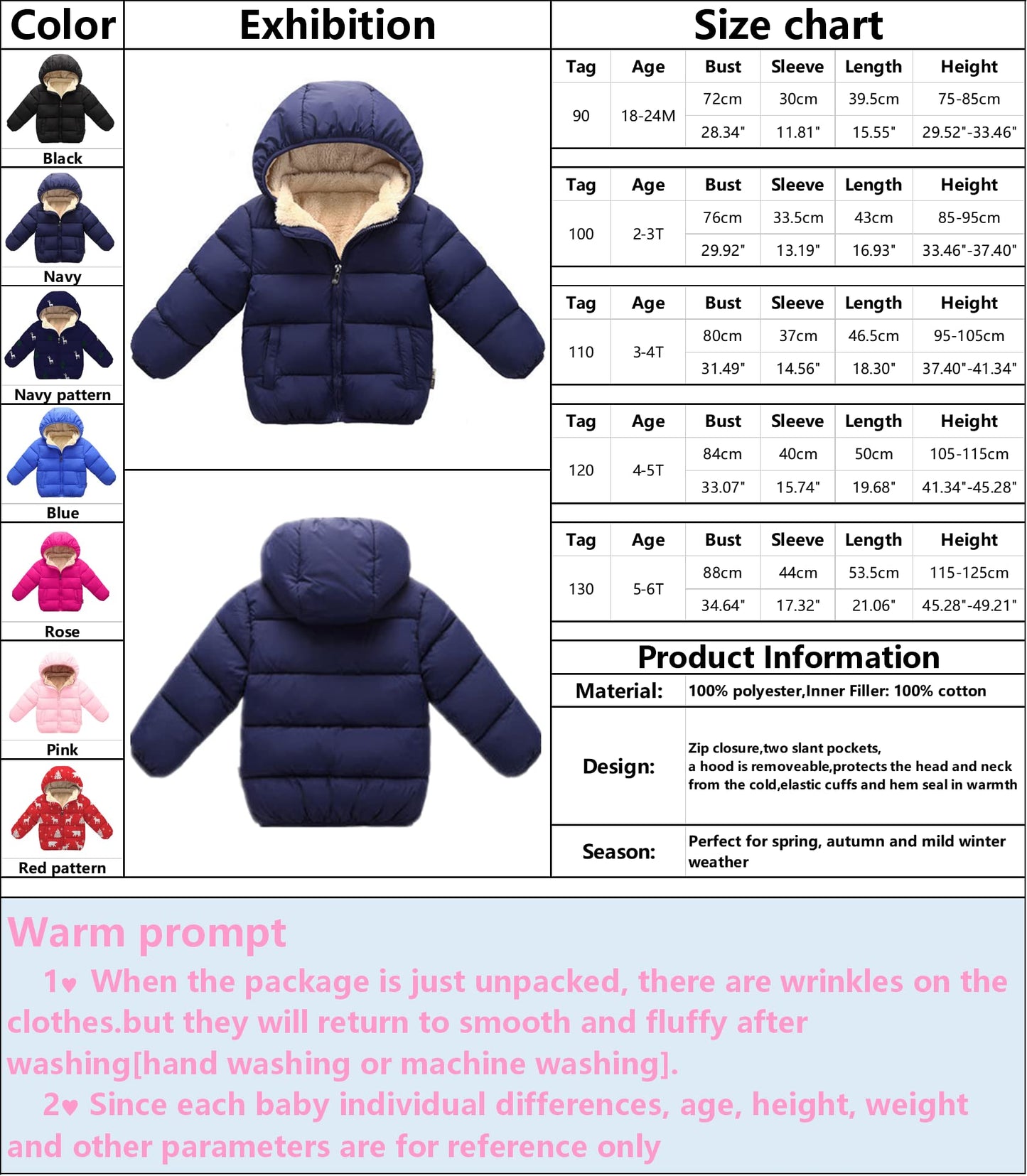 Veste en duvet à capuche pour bébés garçons filles enfants, manteau d'hiver chaud et épais 18-24M marine