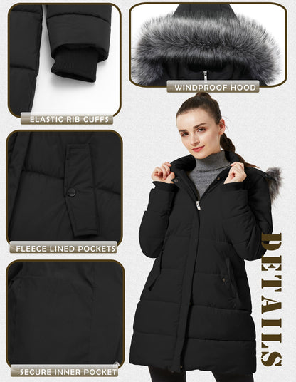 Femmes Hiver Épaissir Puffer Manteau Chaud Neige Veste avec Fourrure Amovible Capuche Noir Moyen