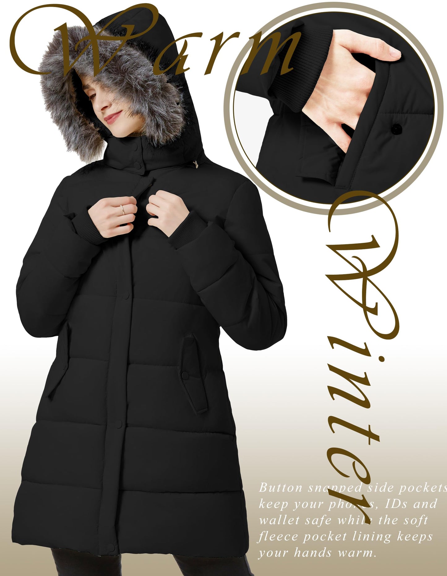 Femmes Hiver Épaissir Puffer Manteau Chaud Neige Veste avec Fourrure Amovible Capuche Noir Moyen