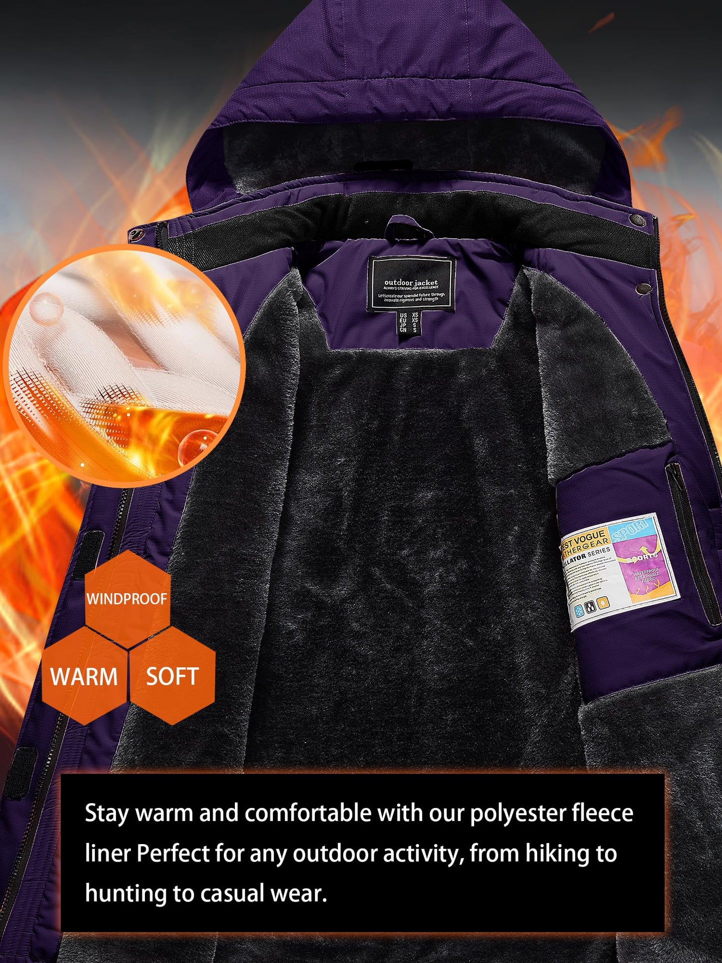 Veste de ski imperméable pour femme Veste de pluie coupe-vent Hiver Manteau de neige chaud Veste de randonnée en polaire pour femme